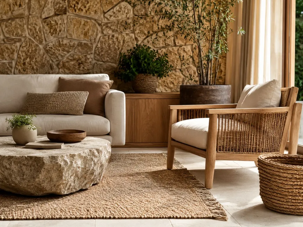 Materiais naturais na decoração: madeira, linho, pedra e fibras vegetais